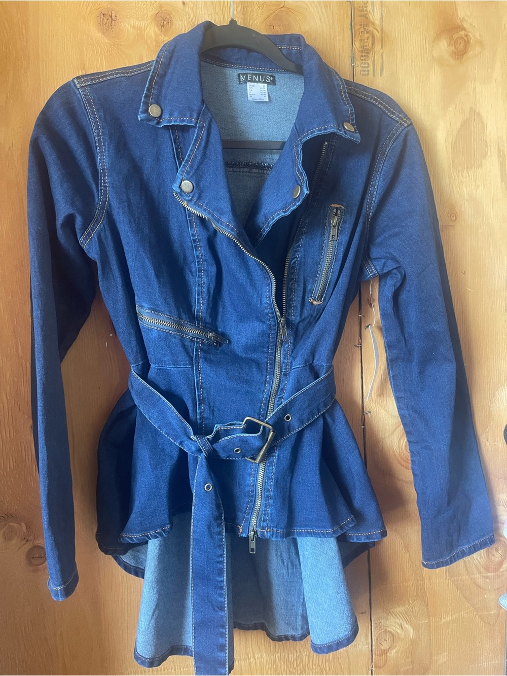 VENUS Dark Blue Denim Belted Moto Blazer Jacket